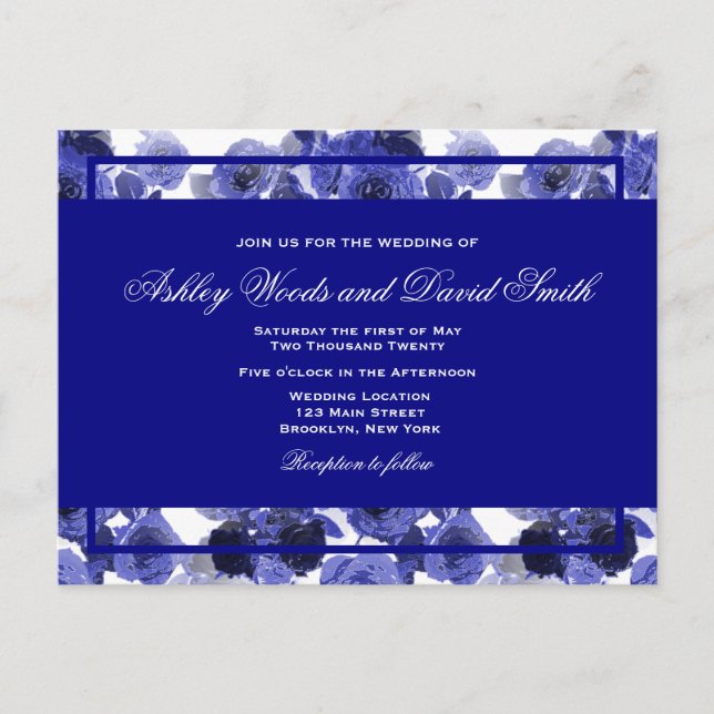 Postal Boda con estilo floral azul de la marina (Anverso)