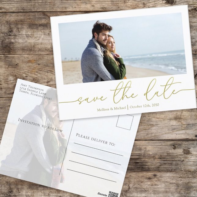 Postal Boda con guión dorado Guardar la foto Personalizad (Subido por el creador)
