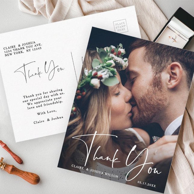 Postal Boda con mano de moda con carta de agradecimiento (Front & Back)