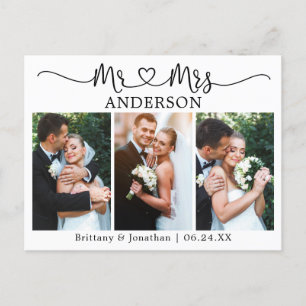 Postal Boda Corazón Caligrafía Moderna 3 Fotos Agradecimi