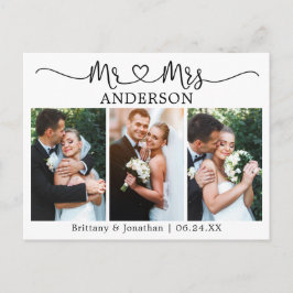 Postal Boda Corazón Caligrafía Moderna 3 Fotos Agradecimi