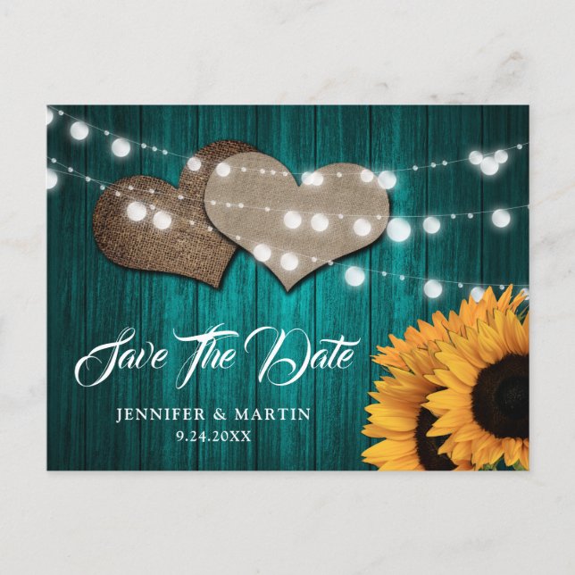 Postal Boda Corazones de Arpillera Luces de Madera Giraso (Anverso)