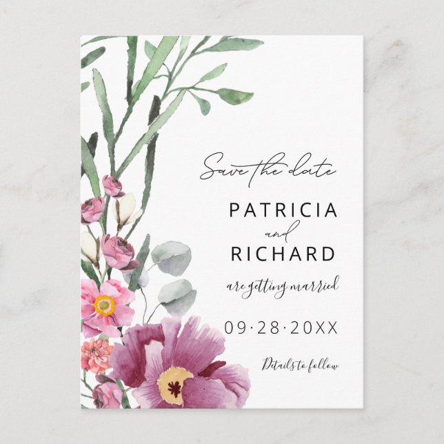 Postal Boda de Acuarela de Flores Silvestres Guardar la F (Anverso)