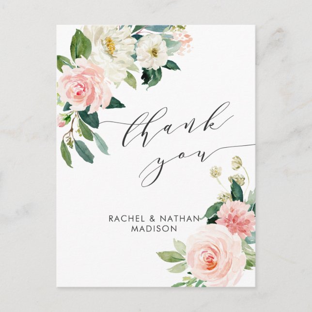 Postal Boda de acuarela de Rubor White Bloom Gracias (Anverso)