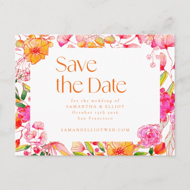 Postal Boda de Acuarela Floral Naranja Rosa Moderna (Anverso)