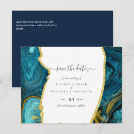 Postal Boda de Agante de Oro Azul Peacock verde azulado