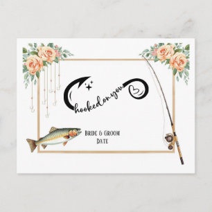 Postal Boda de amante de la pesca con caña y flores