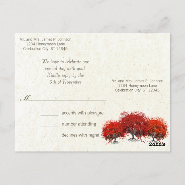 Postal Boda de árbol de hojas del corazón rojo (Reverso)