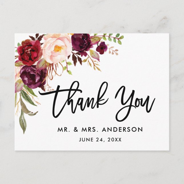 Postal Boda de Borgoña Floral con guión de pincel Gracias (Anverso)