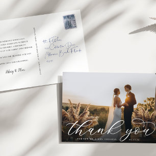 Postal Boda de caligrafía clásica. Gracias.