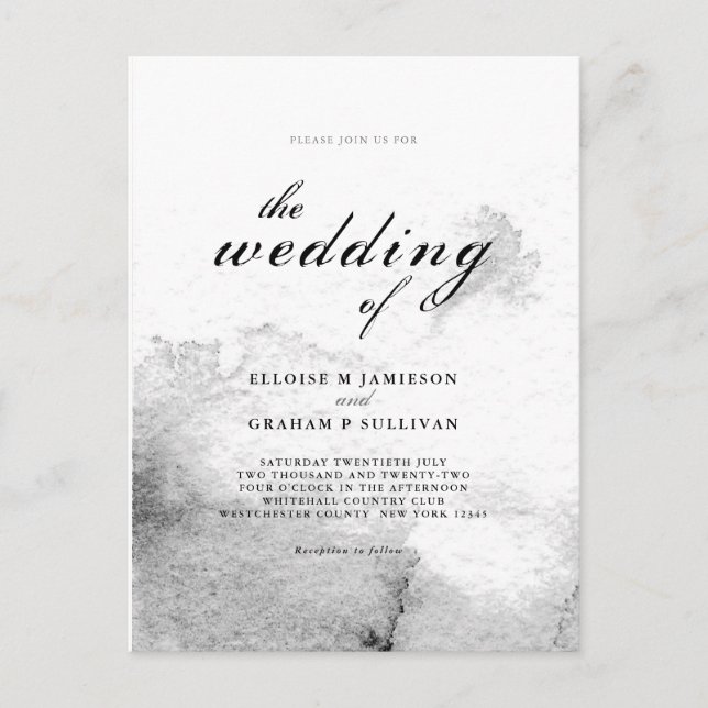 Postal Boda de caligrafía de ómbre blanco y negro (Anverso)