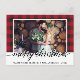 Postal Boda de caligrafía de plaid rojo Feliz Navidad