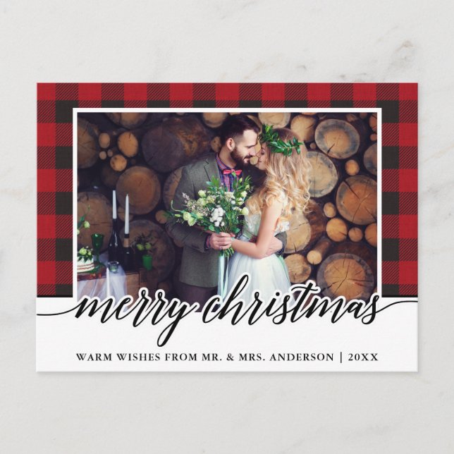 Postal Boda de caligrafía de plaid rojo Feliz Navidad (Anverso)