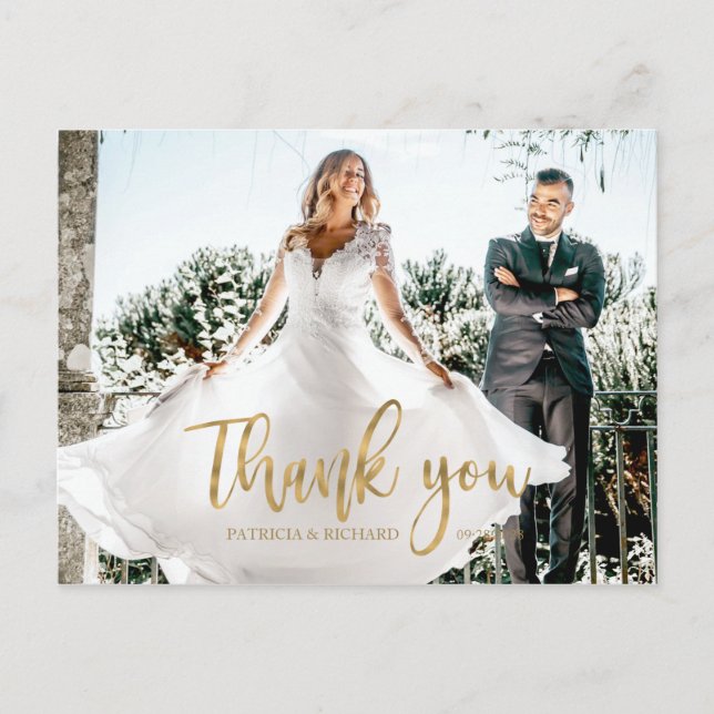 Postal Boda de caligrafía elegante fotográfica Gracias (Anverso)