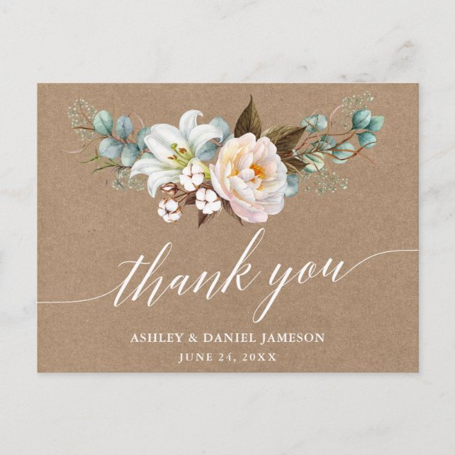 Postal Boda de caligrafía floral botánica Kraft gracias (Anverso)