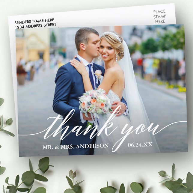 Postal Boda de caligrafía Foto Bride Groom Gracias (Customize to change your personalized text size or text style.)