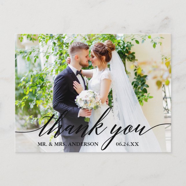 Postal Boda De Caligrafía Foto Bride Groom Gracias B (Anverso)