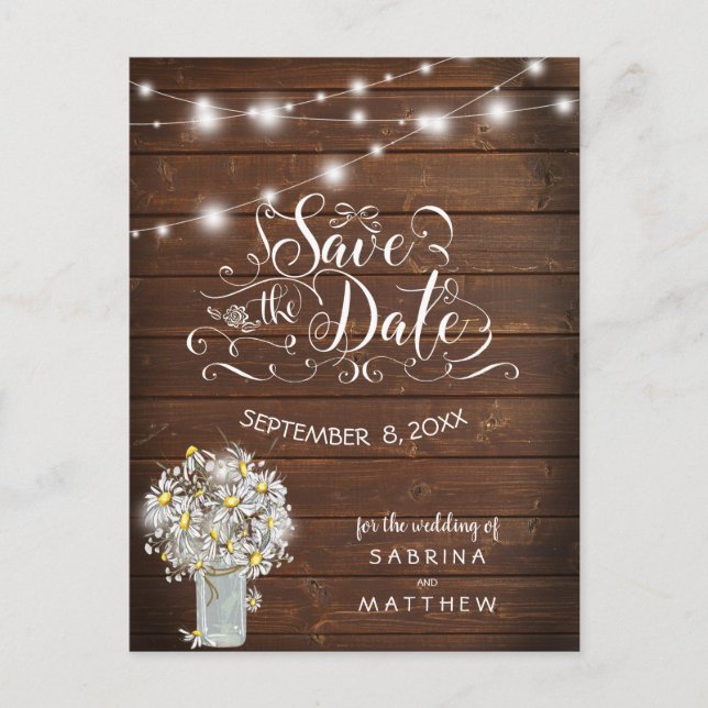 Postal Boda de campo Mason Jar Daisies BarefootBride™ (Anverso)