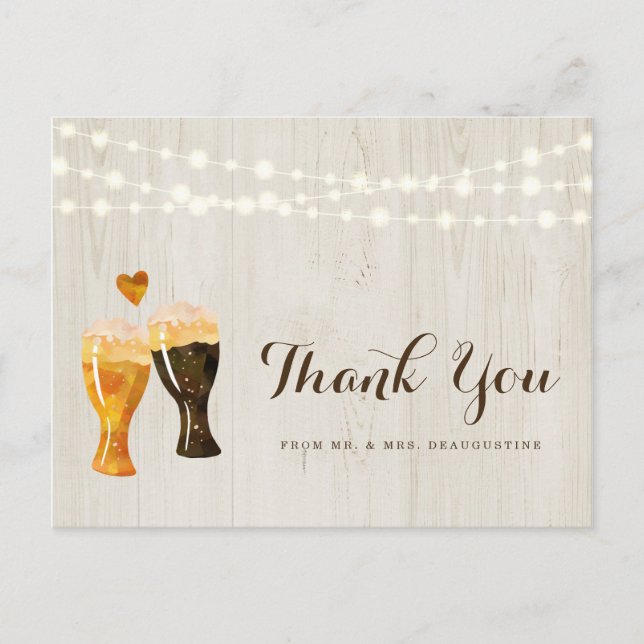 Postal Boda de Cervezas Rústicas Personalizadas Gracias (Anverso)