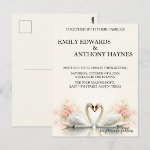 Postal Boda de cisnes elegante con florales de rosa román