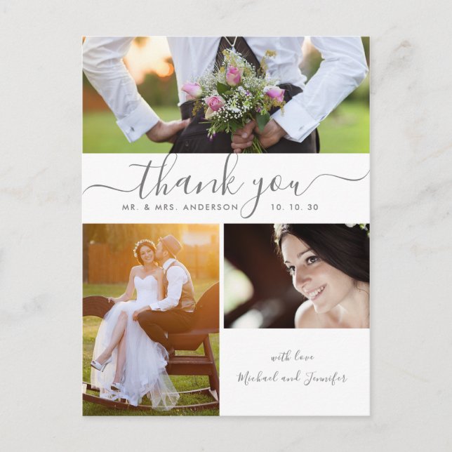 Postal Boda de Collage de fotos de script simple Gracias (Anverso)