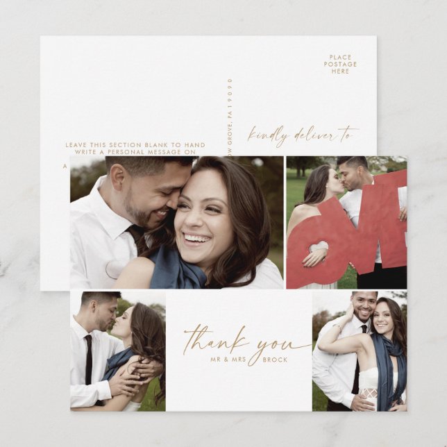 Postal Boda de Collage de fotos Moderno Gold 4 Gracias (Anverso / Reverso)