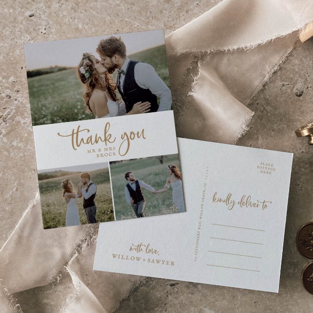 Postal Boda de Collage de fotos Rustic Gold 3 Gracias (Subido por el creador)