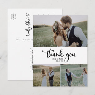 Postal Boda de Collage de fotos Rustic Script 3 Gracias