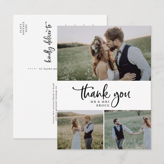 Postal Boda de Collage de fotos Rustic Script 3 Gracias (Anverso / Reverso)