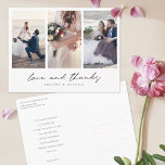 Postal Boda de Collages de fotos múltiples moderno Gracia<br><div class="desc">Esta simple moda de tres bodas de collage de fotos gracias a la plantilla de postcard presenta un aspecto moderno y nítido. Le hemos dado a este diseño minimalista un toque cálido con 'amor y gracias' debajo de sus fotos favoritas en un guión relajado, todo de funda inferior que se...</div>
