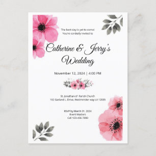 Postal boda de color rosa floral