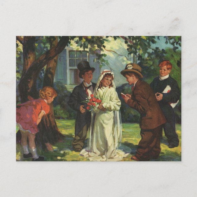 Postal Boda de cosecha, hijos fingen novia y novio (Anverso)