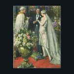 Postal Boda de cosecha, novia y novio con Menorah<br><div class="desc">Imagen de la ceremonia del amor al ilustracion vintage y boda romántico que presenta a una pareja casada en una hermosa sinagoga con vidrieras,  flores y una menorah de siete ramas. La novia lleva un vestido largo y blanco boda y el novio es guapo en su esmoquin.</div>