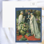 Postal Boda de cosecha, novia y novio con Menorah<br><div class="desc">Imagen de la ceremonia del amor al ilustracion vintage y boda romántico que presenta a una pareja casada en una hermosa sinagoga con vidrieras,  flores y una menorah de siete ramas. La novia lleva un vestido largo y blanco boda y el novio es guapo en su esmoquin.</div>