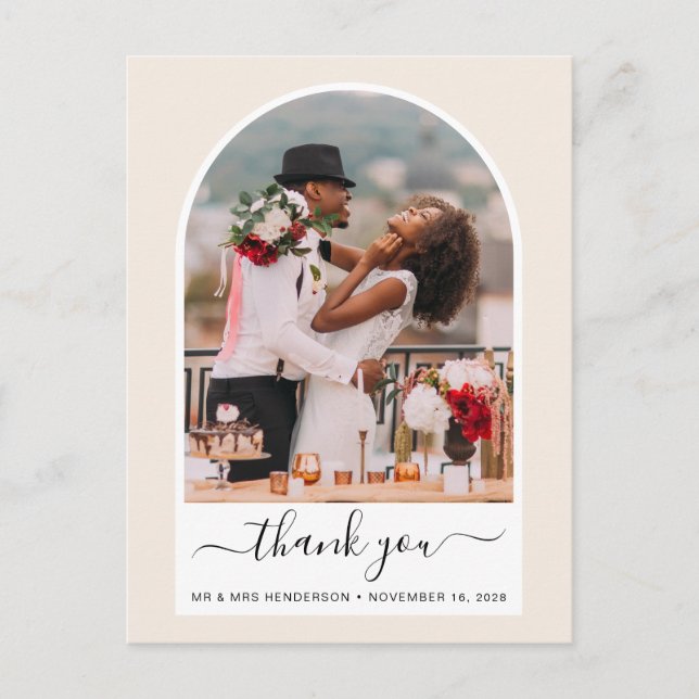 Postal Boda de Crema de Fotografía Arqueada Gracias (Anverso)