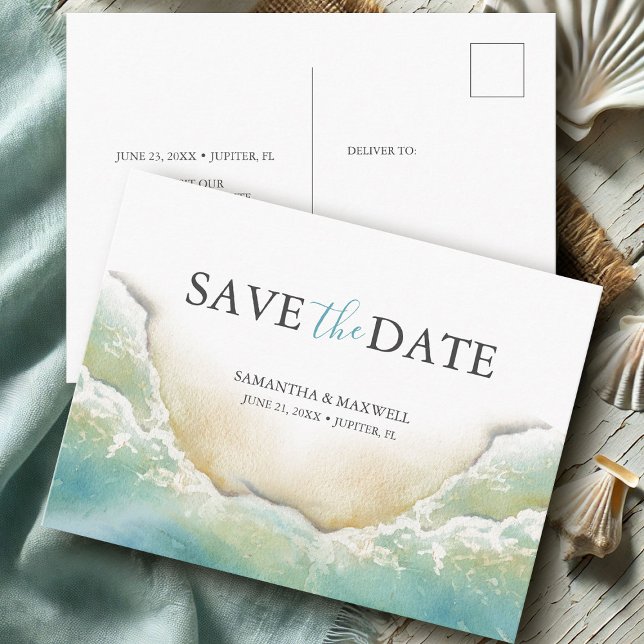 Postal Boda de destino de playa Guardar la fecha (Destination save the date postcards watercolor beach art by Victoria Grigaliunas Do Tell A Belle)