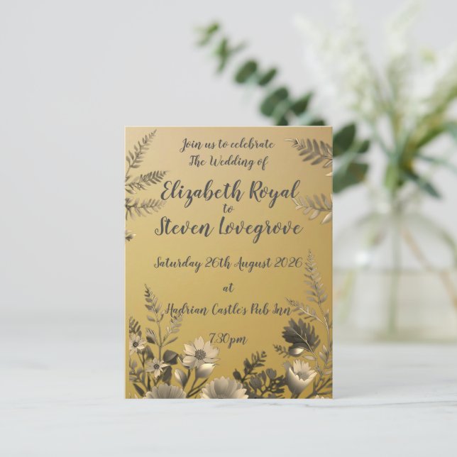 Postal Boda de diseño floral claro y simple con dorado (Anverso de pie)
