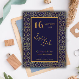 Postal Boda de diseño intrincada con Oro Azul Guardar la 