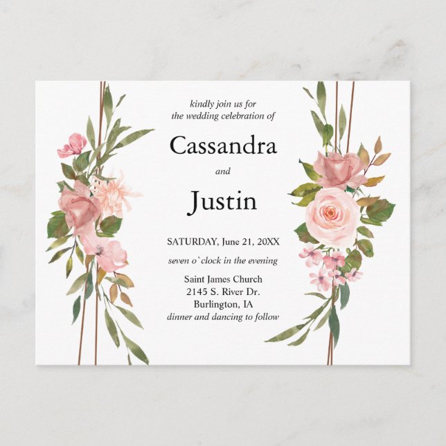 Postal Boda de Disposición Floral Rosa Clásica (Anverso)