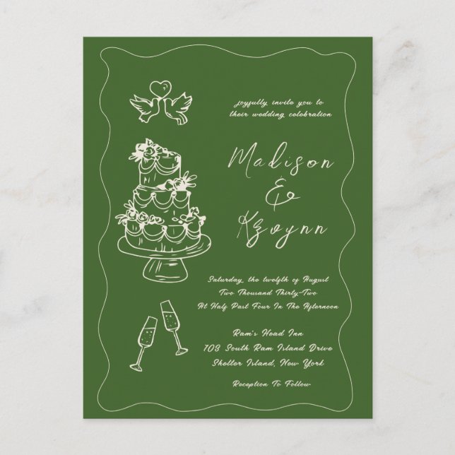 Postal Boda de Doodles dibujados a mano caprichosa (Anverso)