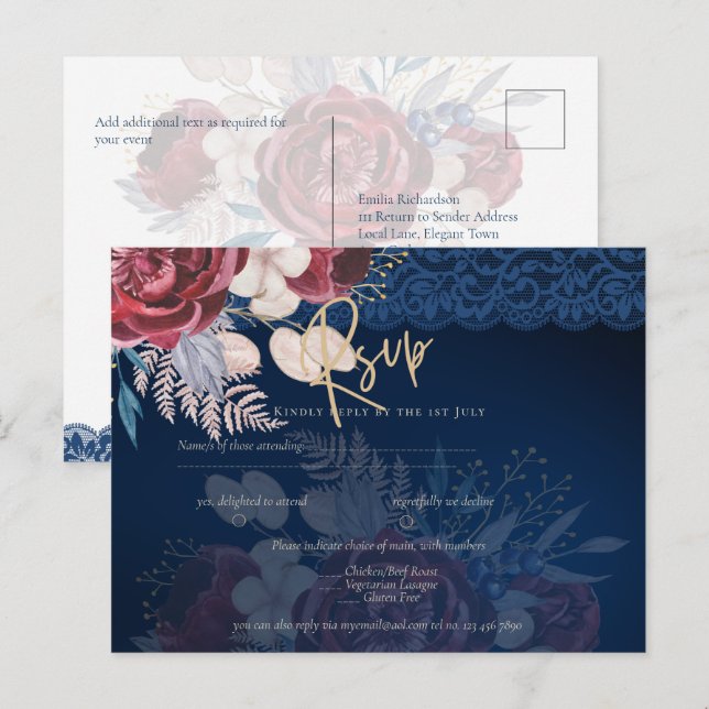 Postal Boda de encaje floral azul de Borgoña en la Marina (Anverso / Reverso)