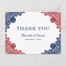 Postal Boda de encaje floral azul marino y rojo gracias