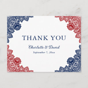Postal Boda de encaje floral azul marino y rojo gracias