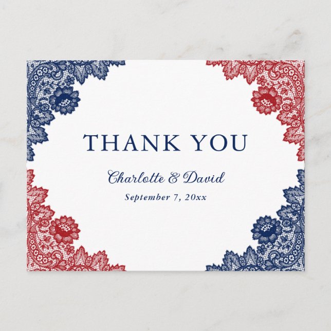 Postal Boda de encaje floral azul marino y rojo gracias (Anverso)