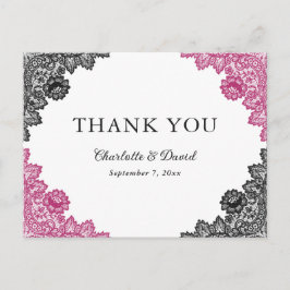 Postal Boda de encaje floral rosa y negro caliente gracia