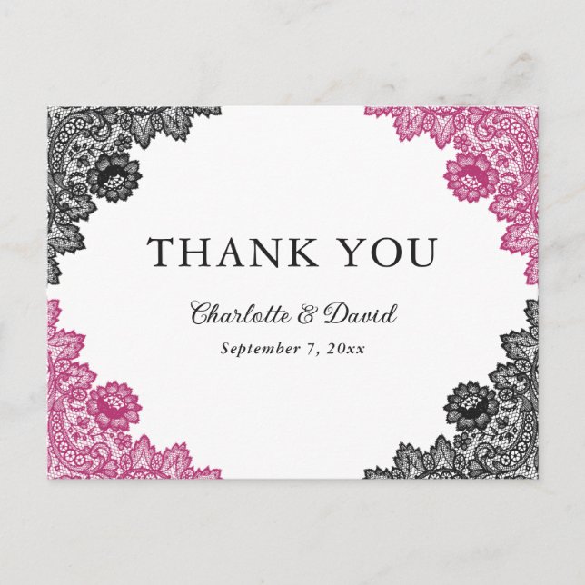 Postal Boda de encaje floral rosa y negro caliente gracia (Anverso)