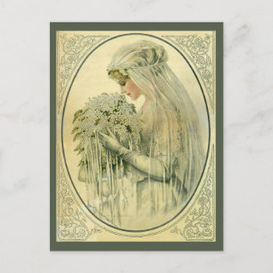 Postal Boda de época, novia victoriana con flores