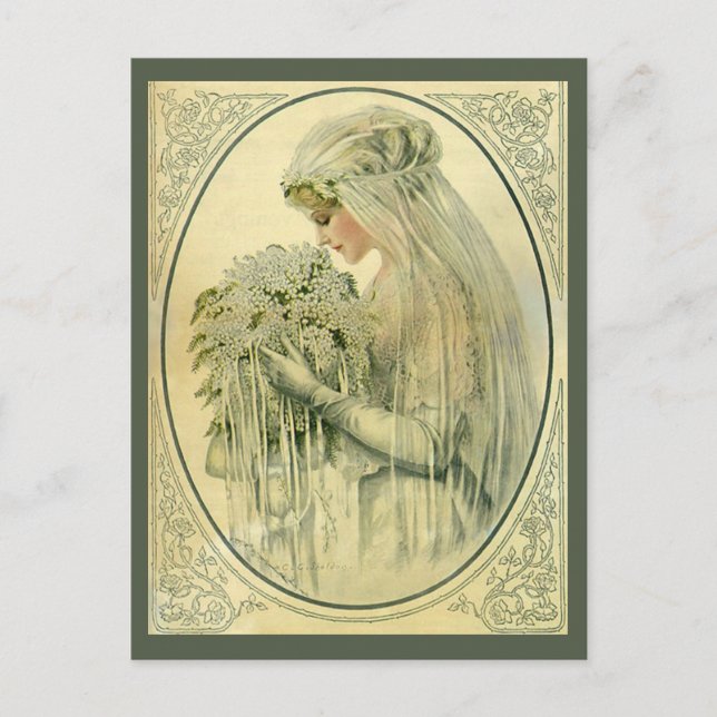 Postal Boda de época, novia victoriana con flores (Anverso)