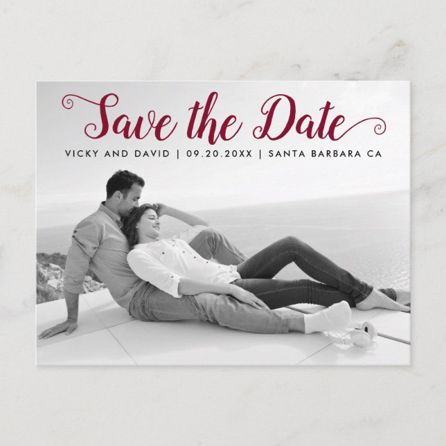 Postal Boda de escritura burgundy moderna Guardar la foto (Anverso)