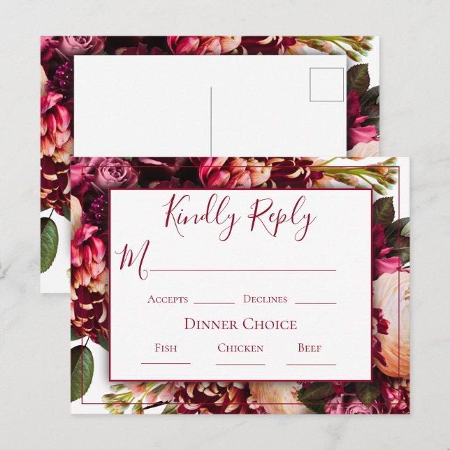 Postal Boda de escritura floral rosa de Borgoña RSVP (Anverso / Reverso)